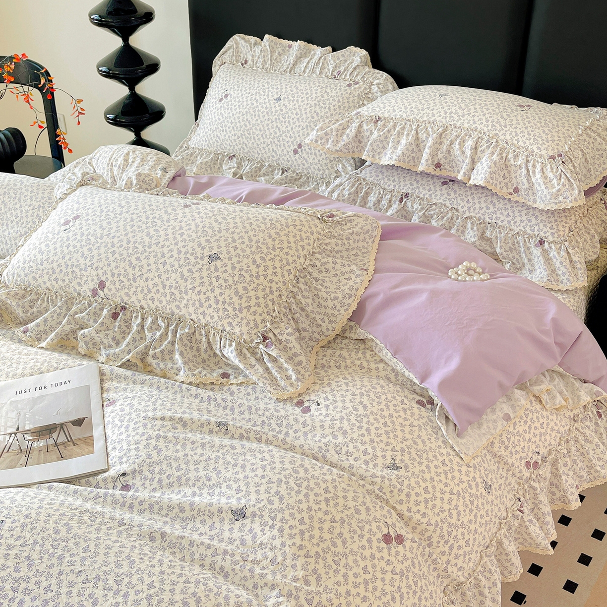 91家纺网 家纺一手货源 找家纺 富米莱（原臻工厂） 2026新款法式大花边A类古法仿棉云感纱床盖床裙四件套 大花边-紫韵花漾