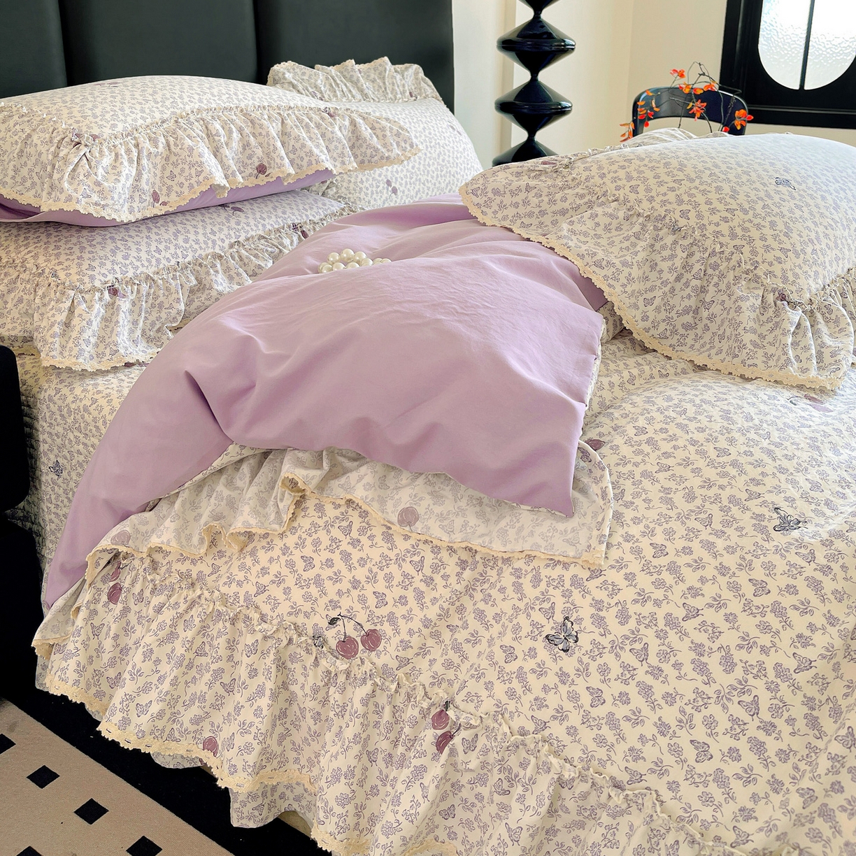 91家纺网 家纺一手货源 找家纺 富米莱（原臻工厂） 2026新款法式大花边A类古法仿棉云感纱床盖床裙四件套 大花边-紫韵花漾