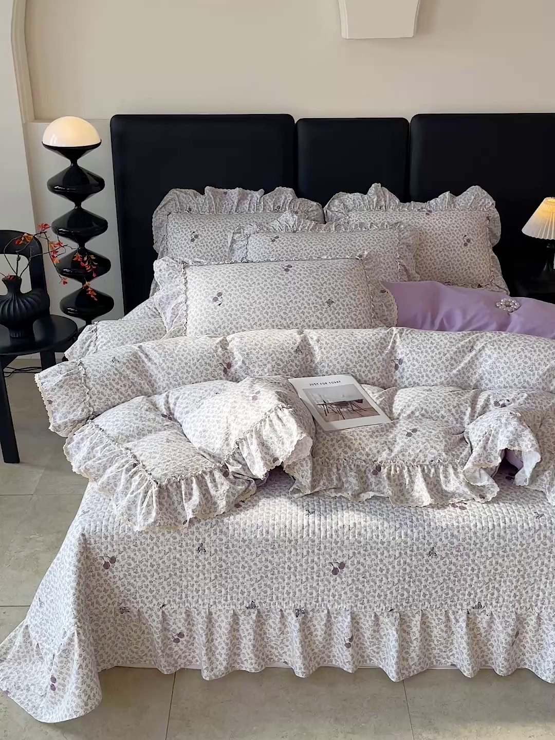 91家纺网 家纺一手货源 找家纺 富米莱（原臻工厂） 2026新款法式大花边A类古法仿棉云感纱床盖床裙四件套 大花边-紫韵花漾