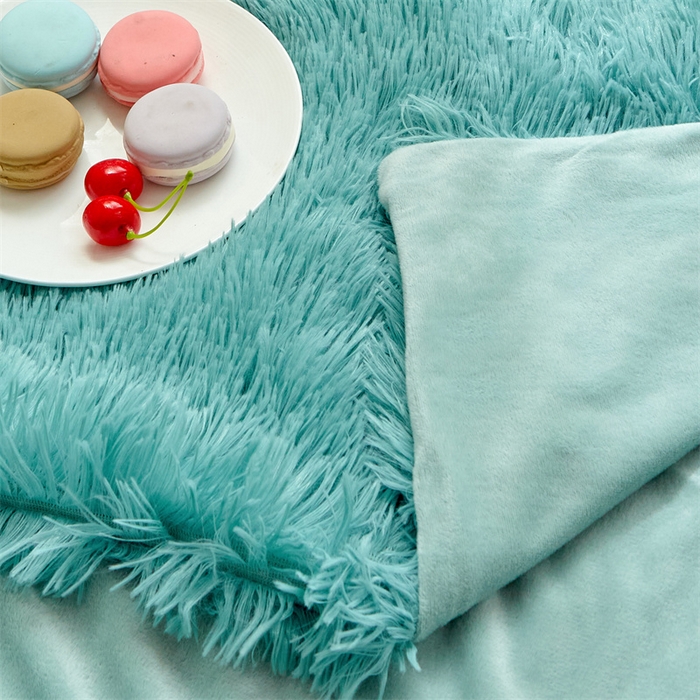 91家纺网 家纺一手货源 找家纺 品尚嘉2025水貂绒毛毯长毛绒法莱绒双层跨境外贸毯子 湖蓝色
