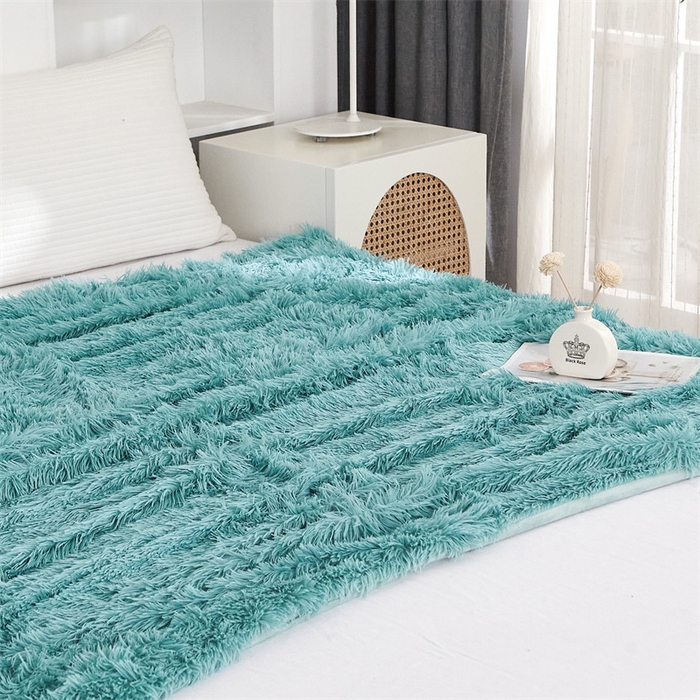 91家纺网 家纺一手货源 找家纺 品尚嘉2025水貂绒毛毯长毛绒法莱绒双层跨境外贸毯子 湖蓝色