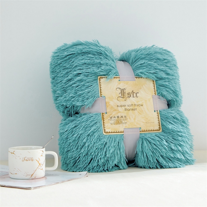 91家纺网 家纺一手货源 找家纺 品尚嘉2025水貂绒毛毯长毛绒法莱绒双层跨境外贸毯子 湖蓝色