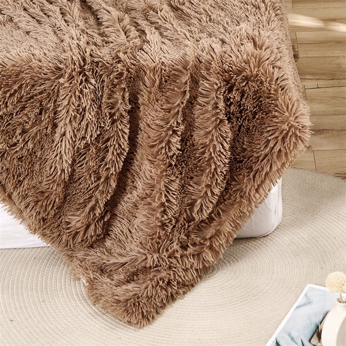 91家纺网 家纺一手货源 找家纺 品尚嘉2025水貂绒毛毯长毛绒法莱绒双层跨境外贸毯子 卡其色