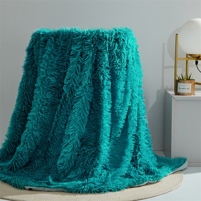 品尚嘉2025水貂绒毛毯长毛绒法莱绒双层跨境外贸毯子 孔雀兰