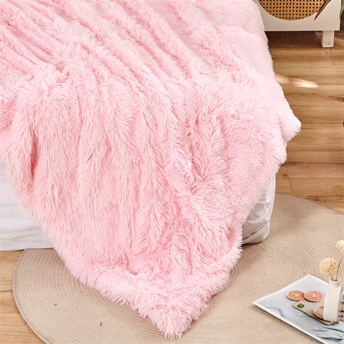 91家纺网 家纺一手货源 找家纺 品尚嘉2025水貂绒毛毯长毛绒法莱绒双层跨境外贸毯子 浅粉色