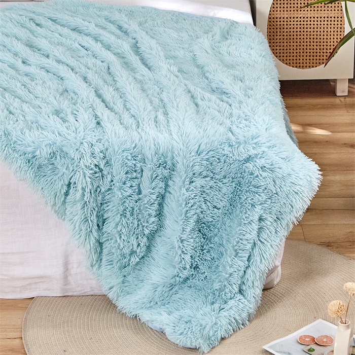 91家纺网 家纺一手货源 找家纺 品尚嘉2025水貂绒毛毯长毛绒法莱绒双层跨境外贸毯子 水蓝色