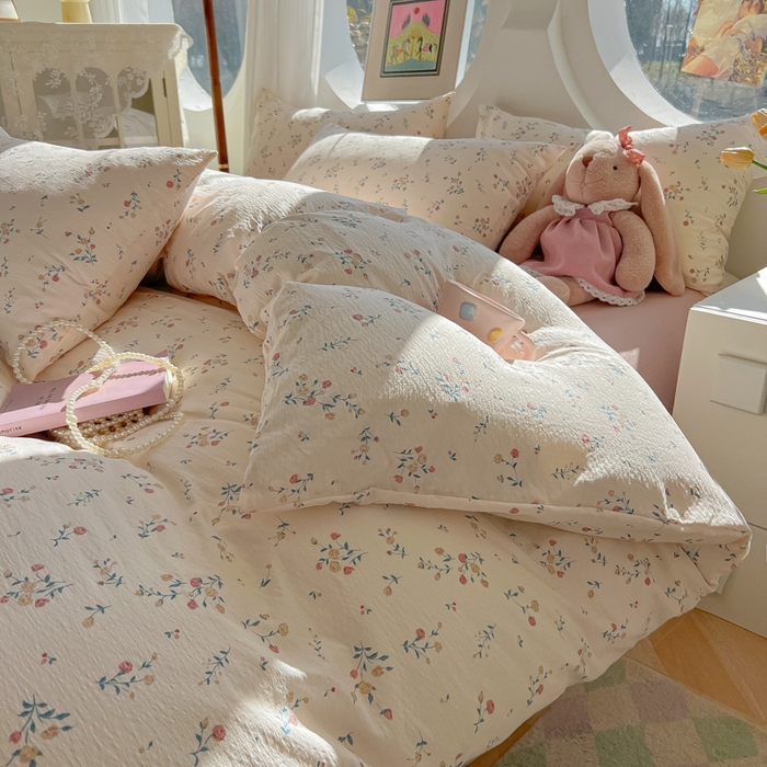 91家纺网 家纺一手货源 找家纺 韩巢家纺 2025新款奶呼呼云感双层纱印花四件套 春风十里