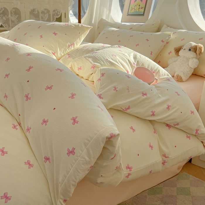 韩巢家纺 2025新款奶呼呼云感双层纱印花四件套 粉相思