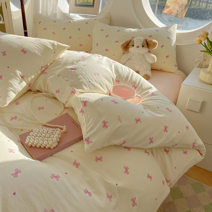 91家纺网 家纺一手货源 找家纺 韩巢家纺 2025新款奶呼呼云感双层纱印花四件套 粉相思