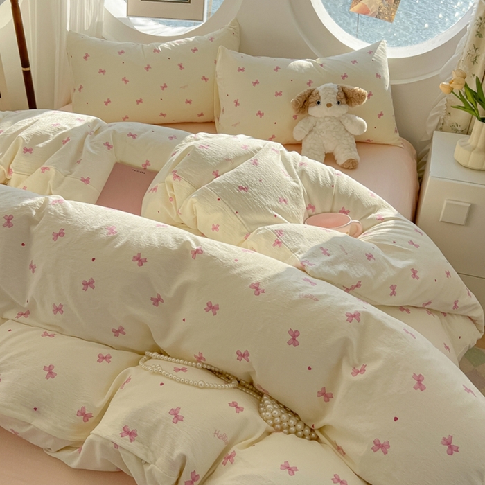 91家纺网 家纺一手货源 找家纺 韩巢家纺 2025新款奶呼呼云感双层纱印花四件套 粉相思