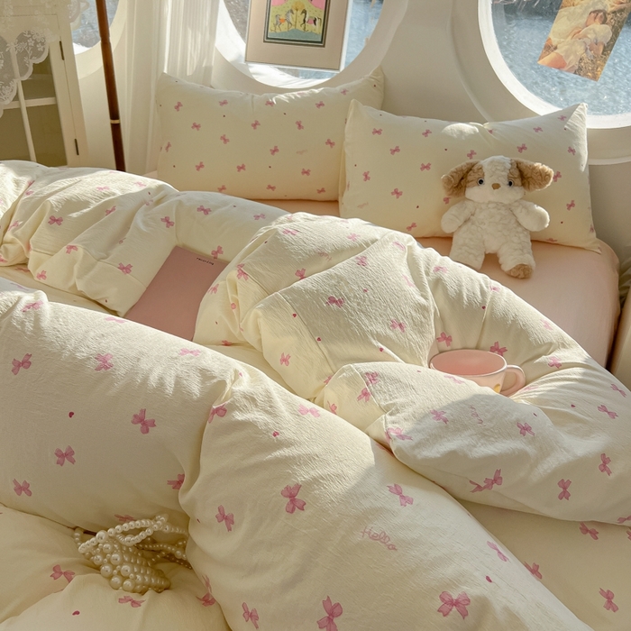 91家纺网 家纺一手货源 找家纺 韩巢家纺 2025新款奶呼呼云感双层纱印花四件套 粉相思