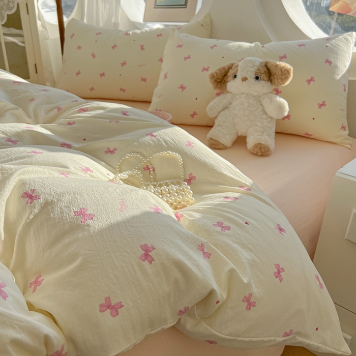 91家纺网 家纺一手货源 找家纺 韩巢家纺 2025新款奶呼呼云感双层纱印花四件套 粉相思