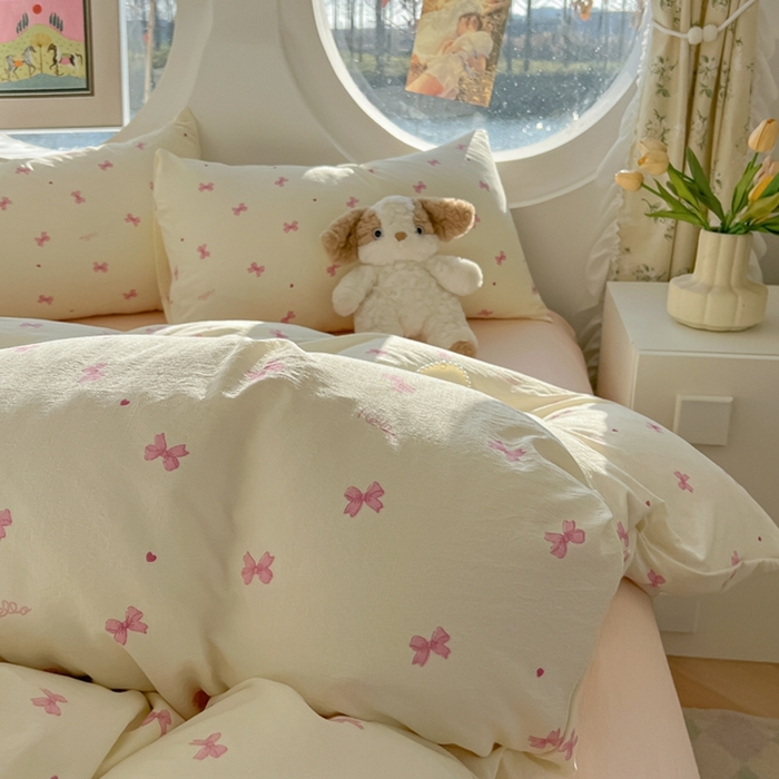 91家纺网 家纺一手货源 找家纺 韩巢家纺 2025新款奶呼呼云感双层纱印花四件套 粉相思