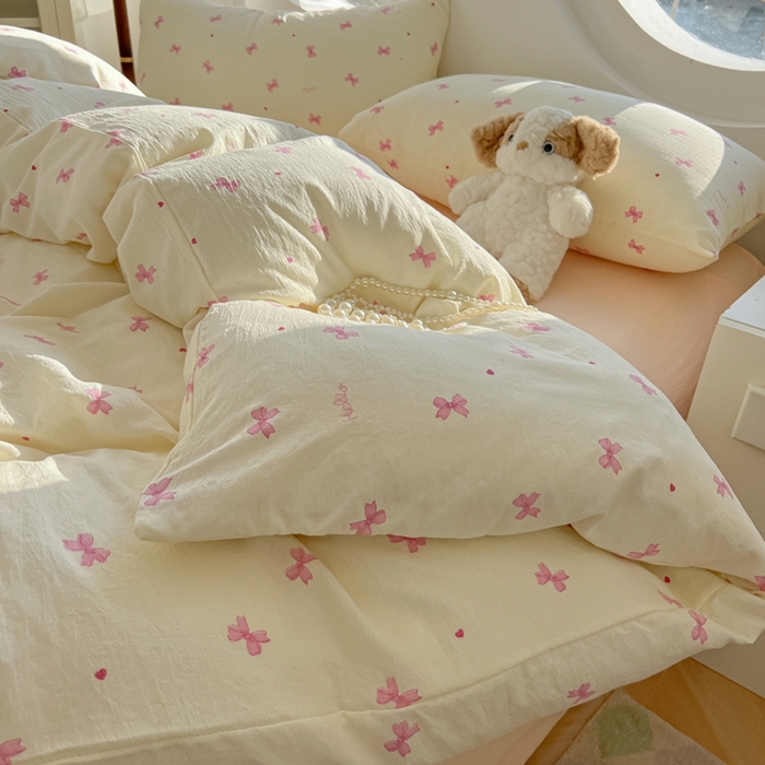 91家纺网 家纺一手货源 找家纺 韩巢家纺 2025新款奶呼呼云感双层纱印花四件套 粉相思