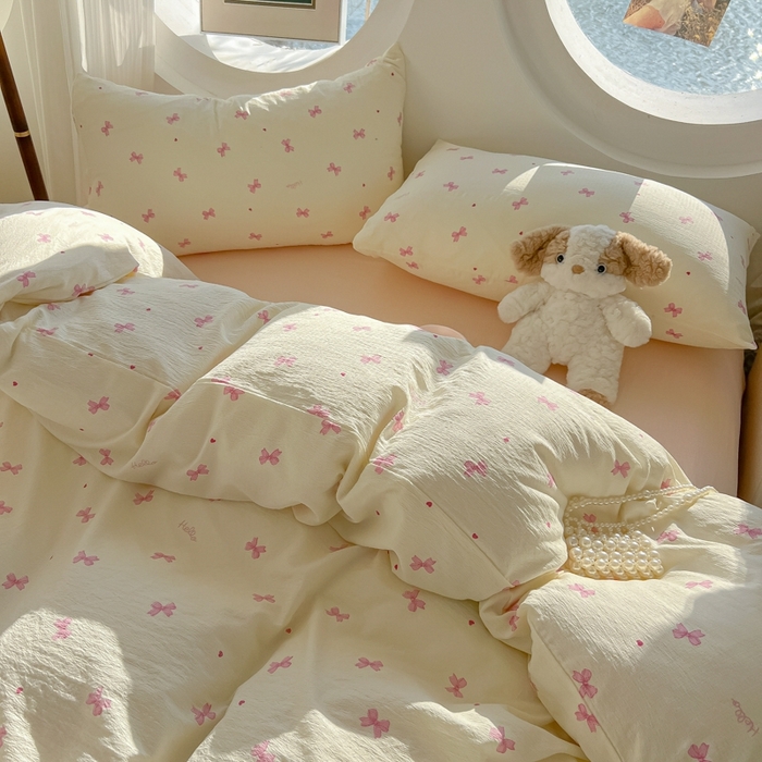 91家纺网 家纺一手货源 找家纺 韩巢家纺 2025新款奶呼呼云感双层纱印花四件套 粉相思