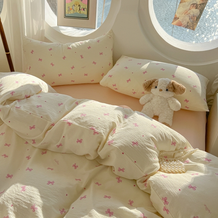 91家纺网 家纺一手货源 找家纺 韩巢家纺 2025新款奶呼呼云感双层纱印花四件套 粉相思