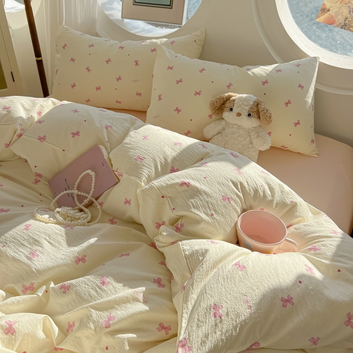 91家纺网 家纺一手货源 找家纺 韩巢家纺 2025新款奶呼呼云感双层纱印花四件套 粉相思