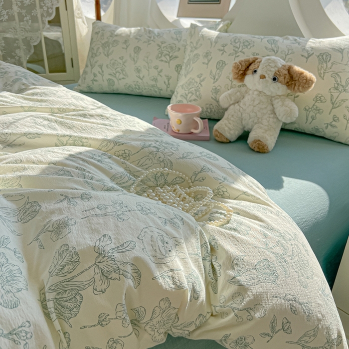 91家纺网 家纺一手货源 找家纺 韩巢家纺 2025新款奶呼呼云感双层纱印花四件套 海像森林