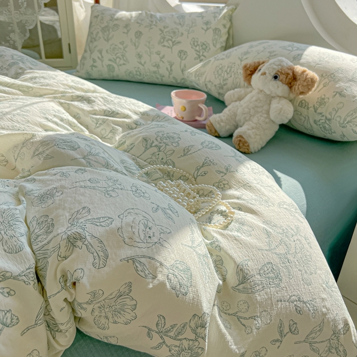 91家纺网 家纺一手货源 找家纺 韩巢家纺 2025新款奶呼呼云感双层纱印花四件套 海像森林