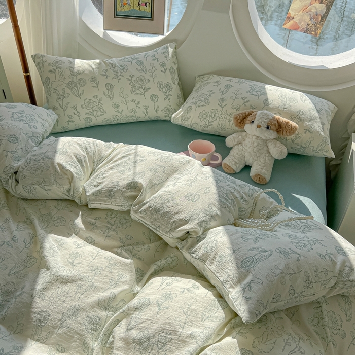 91家纺网 家纺一手货源 找家纺 韩巢家纺 2025新款奶呼呼云感双层纱印花四件套 海像森林