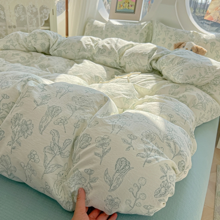 91家纺网 家纺一手货源 找家纺 韩巢家纺 2025新款奶呼呼云感双层纱印花四件套 海像森林