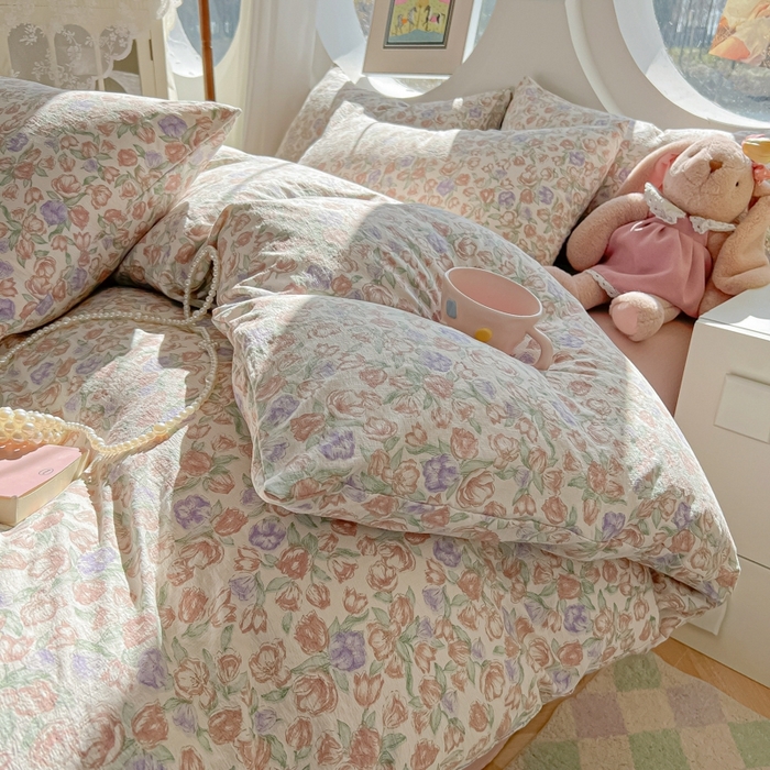 91家纺网 家纺一手货源 找家纺 韩巢家纺 2025新款奶呼呼云感双层纱印花四件套 偏偏宠爱