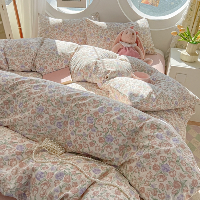 91家纺网 家纺一手货源 找家纺 韩巢家纺 2025新款奶呼呼云感双层纱印花四件套 偏偏宠爱