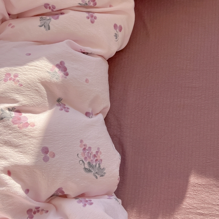 91家纺网 家纺一手货源 找家纺 韩巢家纺 2025新款奶呼呼云感双层纱印花四件套 葡萄七分甜