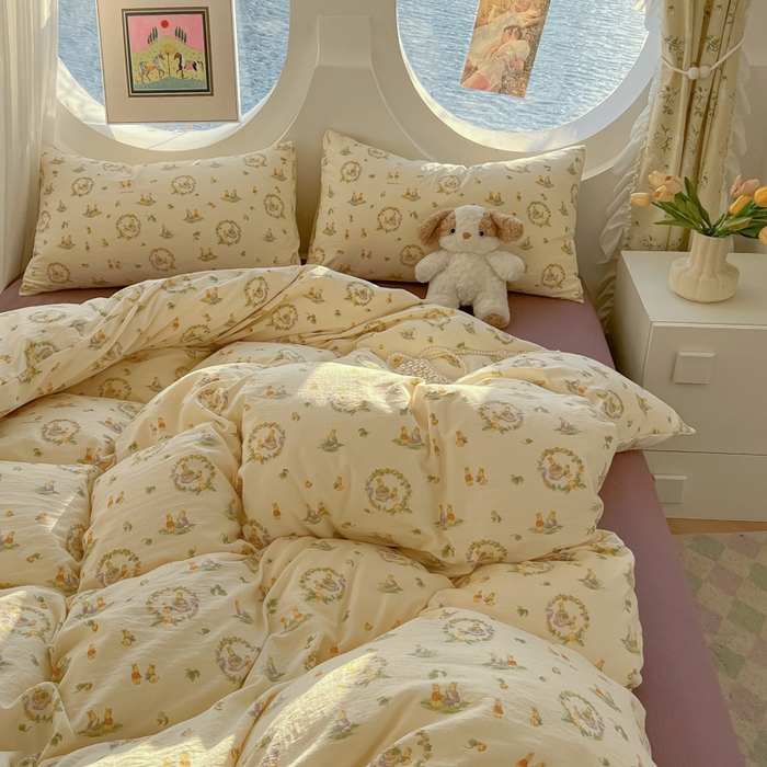 91家纺网 家纺一手货源 找家纺 韩巢家纺 2025新款奶呼呼云感双层纱印花四件套 兔子的欢喜