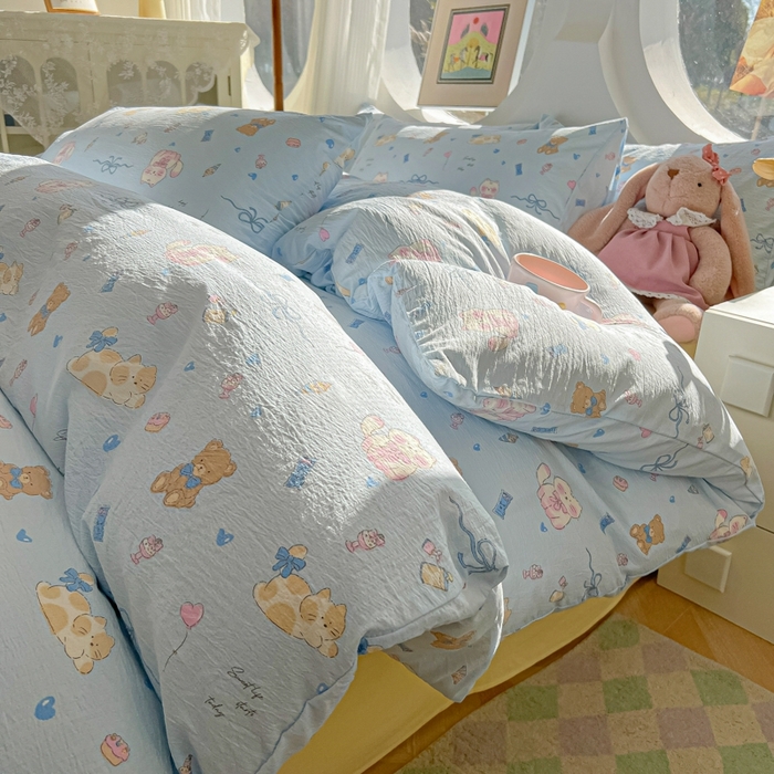 韩巢家纺 2025新款奶呼呼云感双层纱印花四件套 小猫时光篮