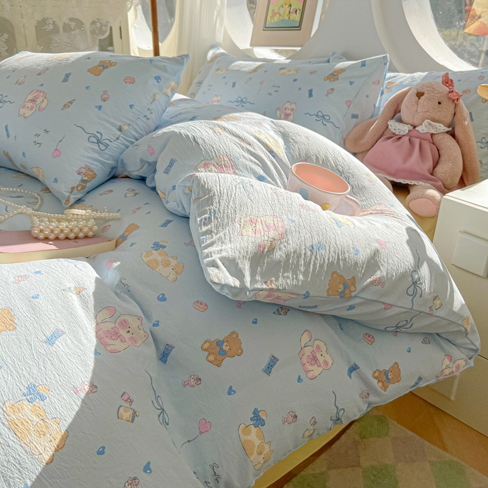 91家纺网 家纺一手货源 找家纺 韩巢家纺 2025新款奶呼呼云感双层纱印花四件套 小猫时光篮