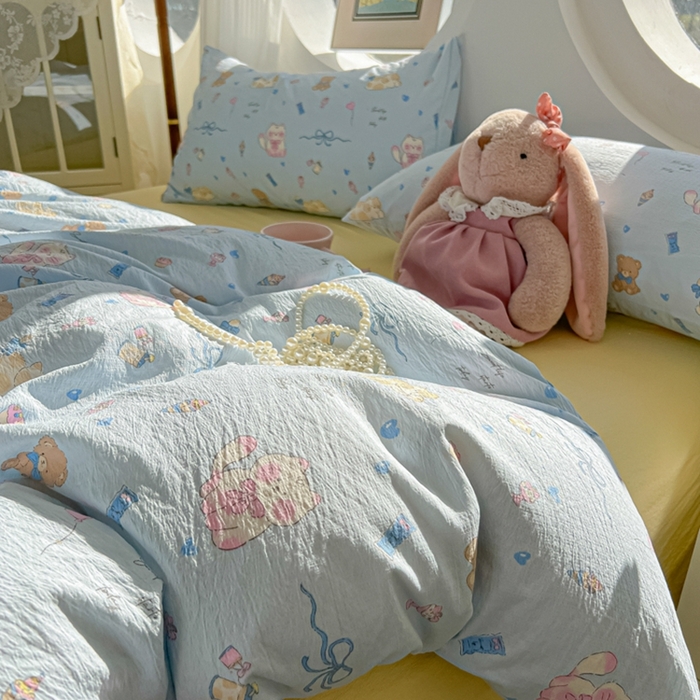 91家纺网 家纺一手货源 找家纺 韩巢家纺 2025新款奶呼呼云感双层纱印花四件套 小猫时光篮