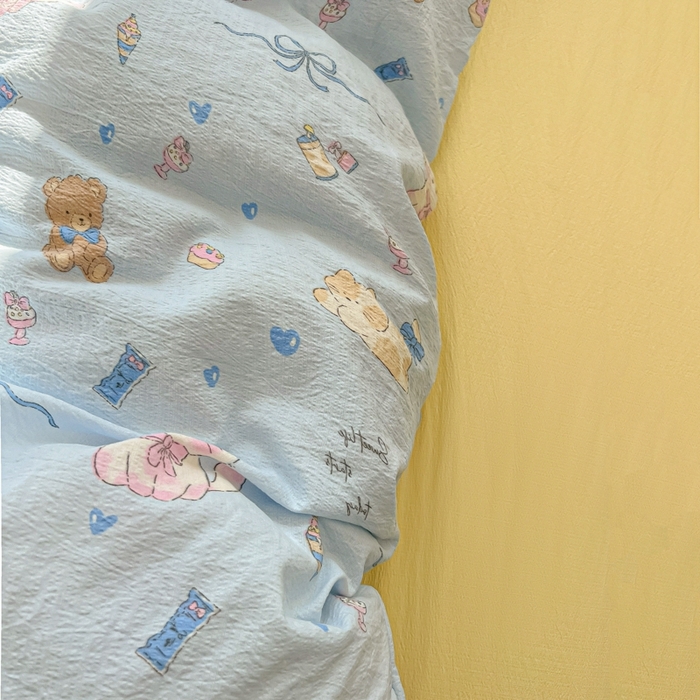 91家纺网 家纺一手货源 找家纺 韩巢家纺 2025新款奶呼呼云感双层纱印花四件套 小猫时光篮