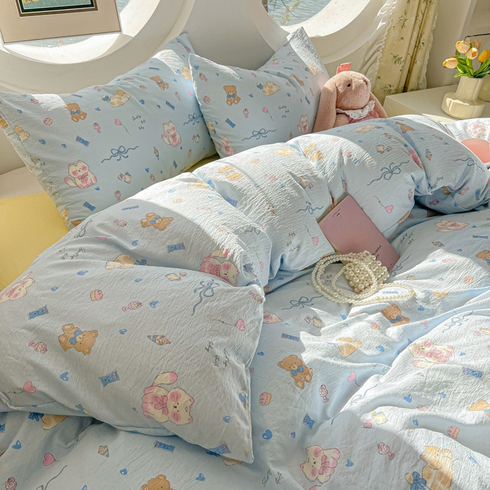 91家纺网 家纺一手货源 找家纺 韩巢家纺 2025新款奶呼呼云感双层纱印花四件套 小猫时光篮