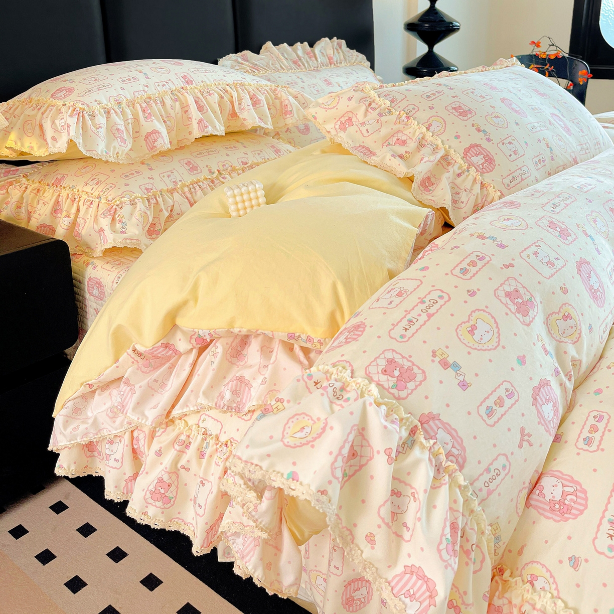 91家纺网 家纺一手货源 找家纺 富米莱单品馆 2026新款法式大花边A类古法仿棉云感纱单被套 大花边-粉樱kt