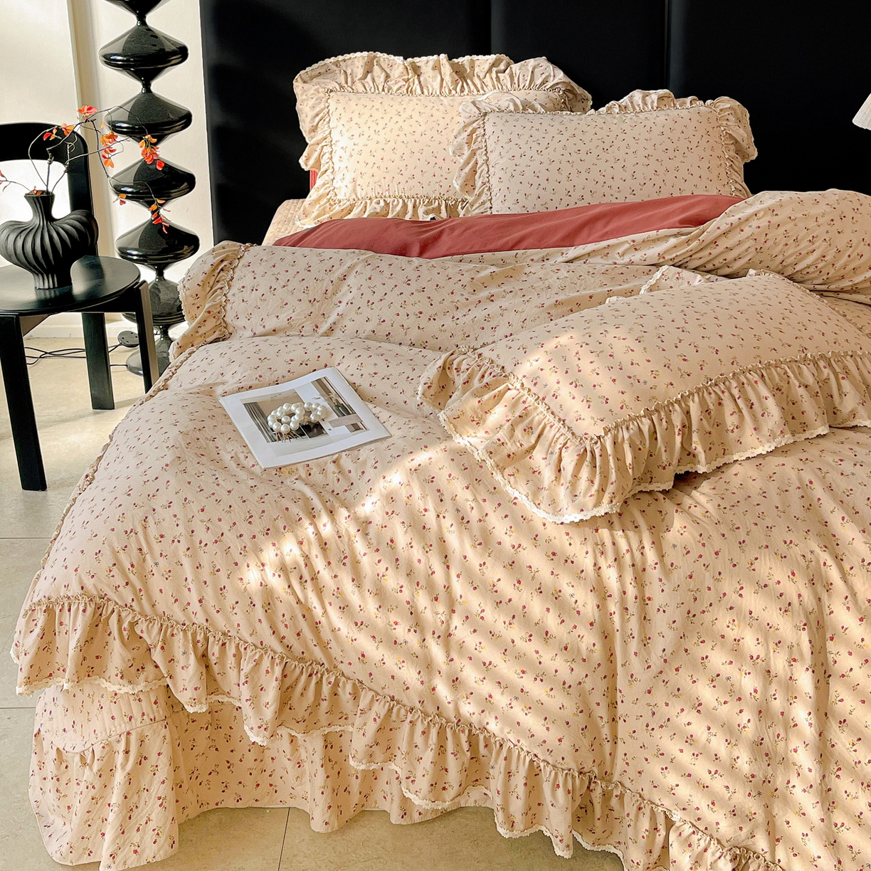 91家纺网 家纺一手货源 找家纺 富米莱单品馆 2026新款法式大花边A类古法仿棉云感纱单被套 大花边-焦糖玫瑰