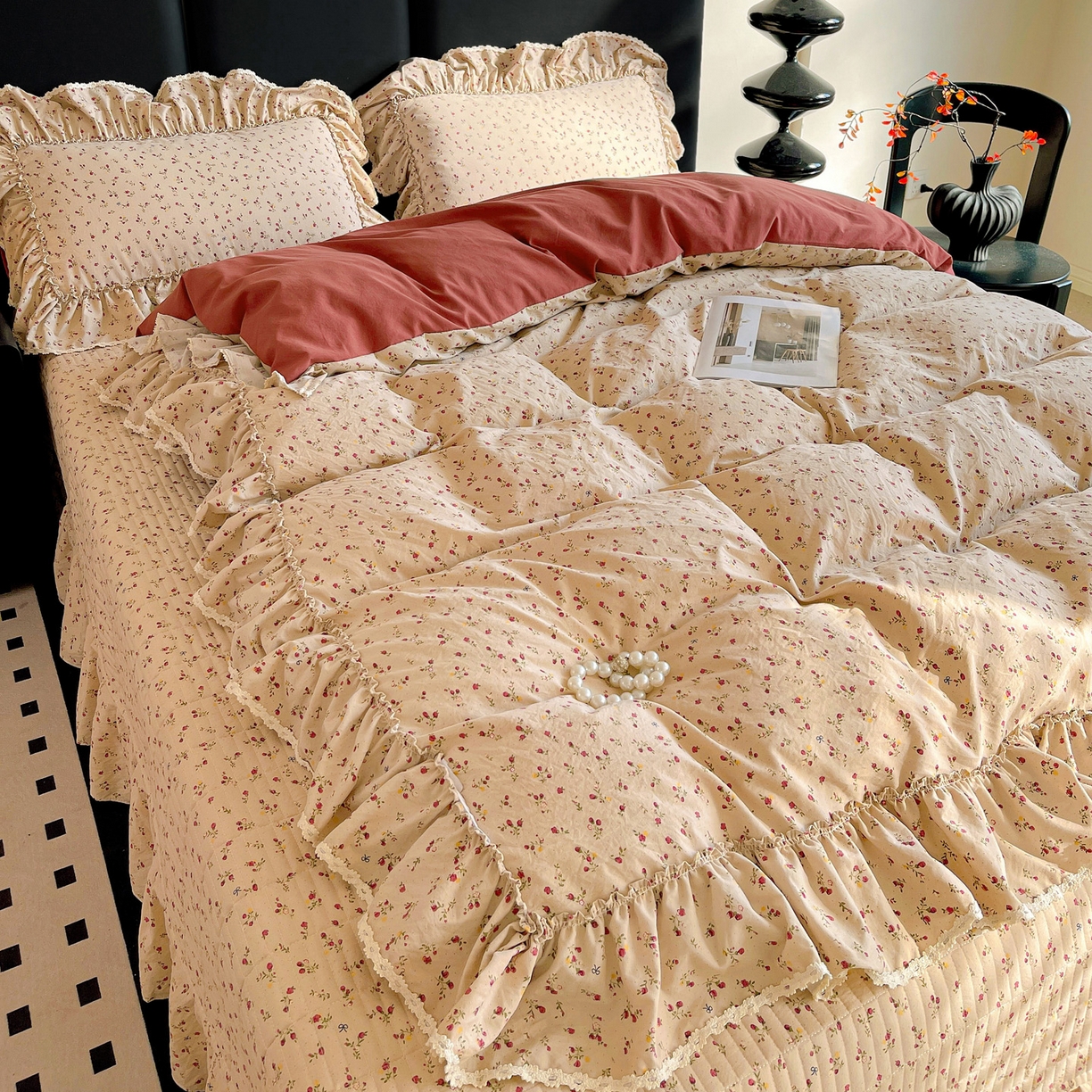 91家纺网 家纺一手货源 找家纺 富米莱单品馆 2026新款法式大花边A类古法仿棉云感纱单被套 大花边-焦糖玫瑰