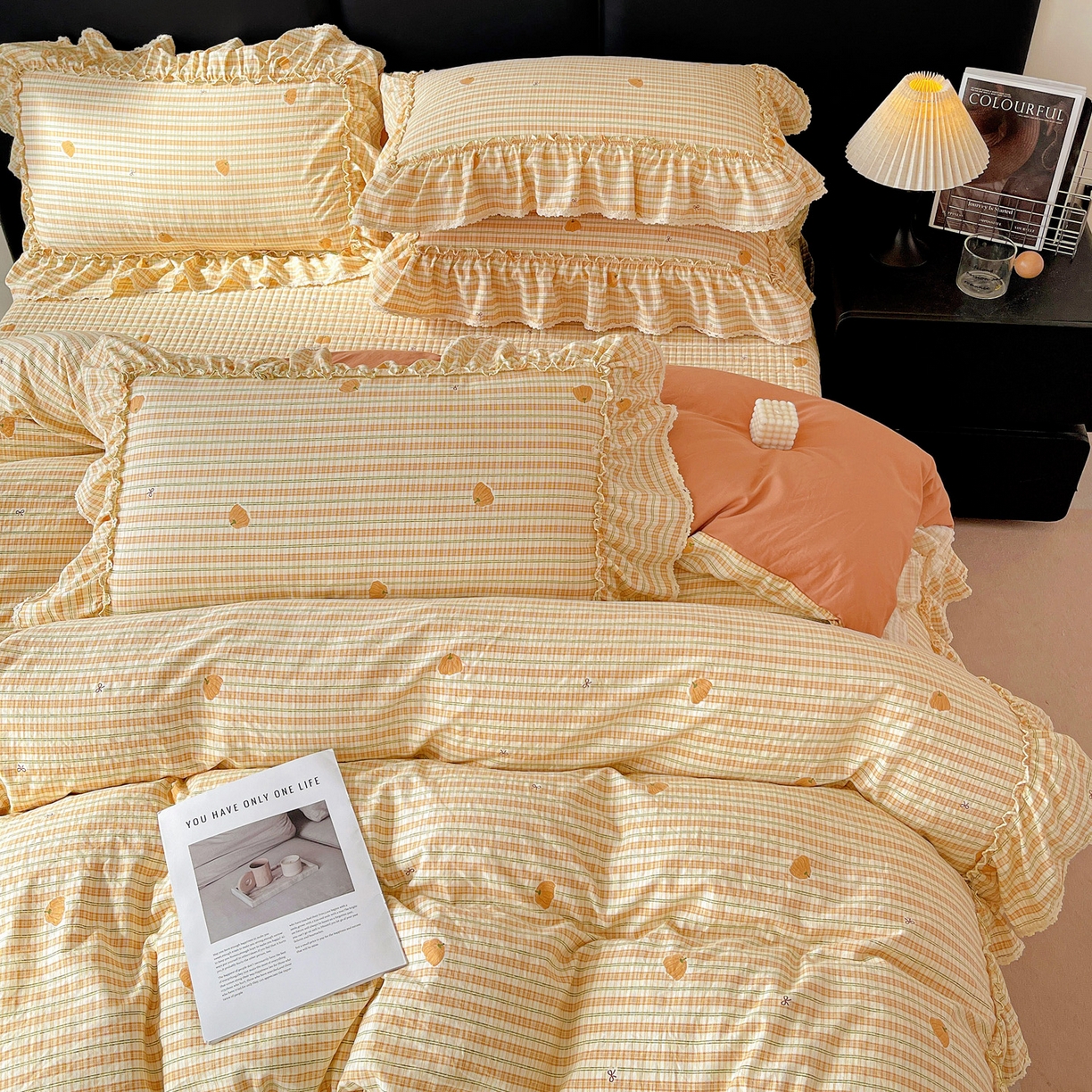 91家纺网 家纺一手货源 找家纺 富米莱单品馆 2026新款法式大花边A类古法仿棉云感纱单被套 大花边-南瓜格韵