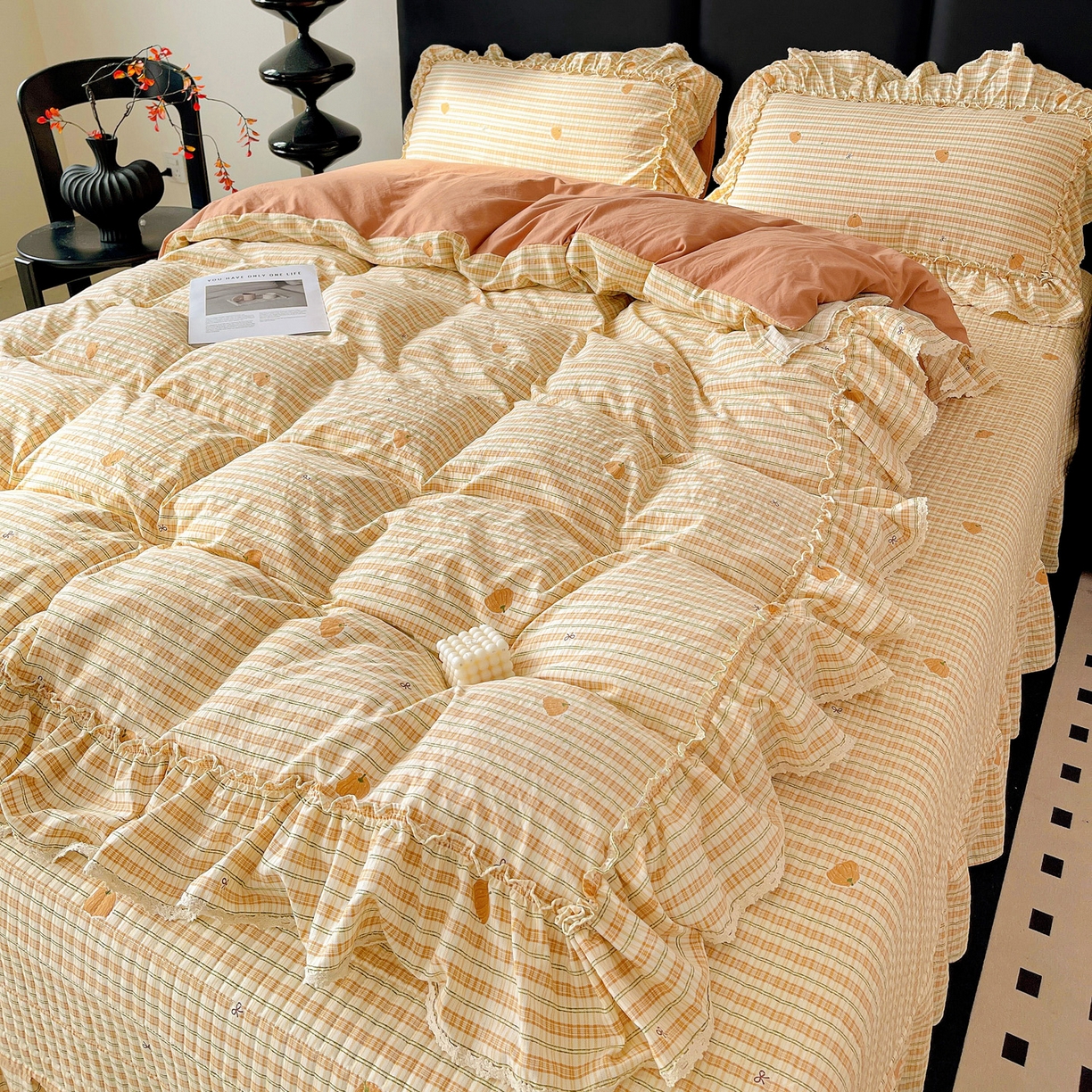 91家纺网 家纺一手货源 找家纺 富米莱单品馆 2026新款法式大花边A类古法仿棉云感纱单被套 大花边-南瓜格韵