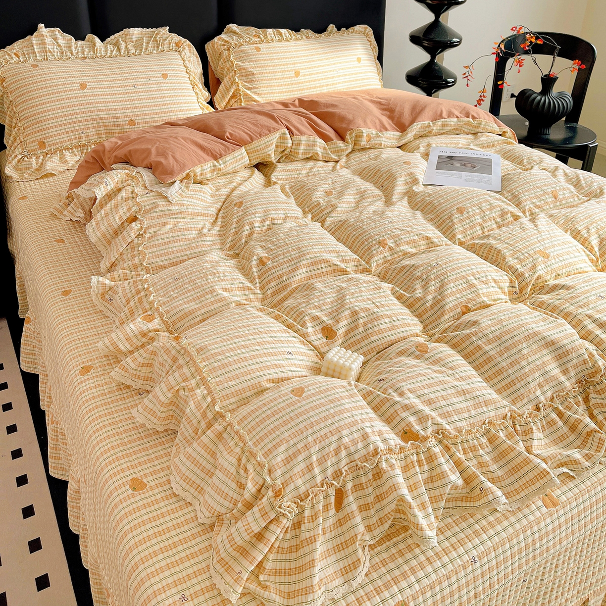 91家纺网 家纺一手货源 找家纺 富米莱单品馆 2026新款法式大花边A类古法仿棉云感纱单被套 大花边-南瓜格韵