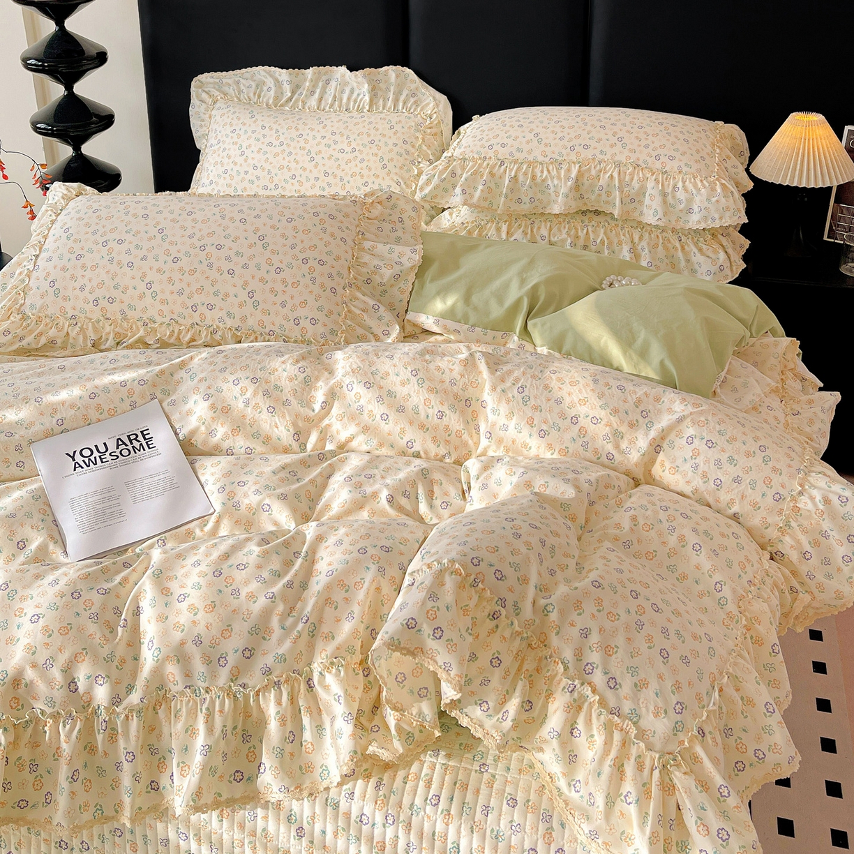 91家纺网 家纺一手货源 找家纺 富米莱单品馆 2026新款法式大花边A类古法仿棉云感纱单被套 大花边-浅绿春韵