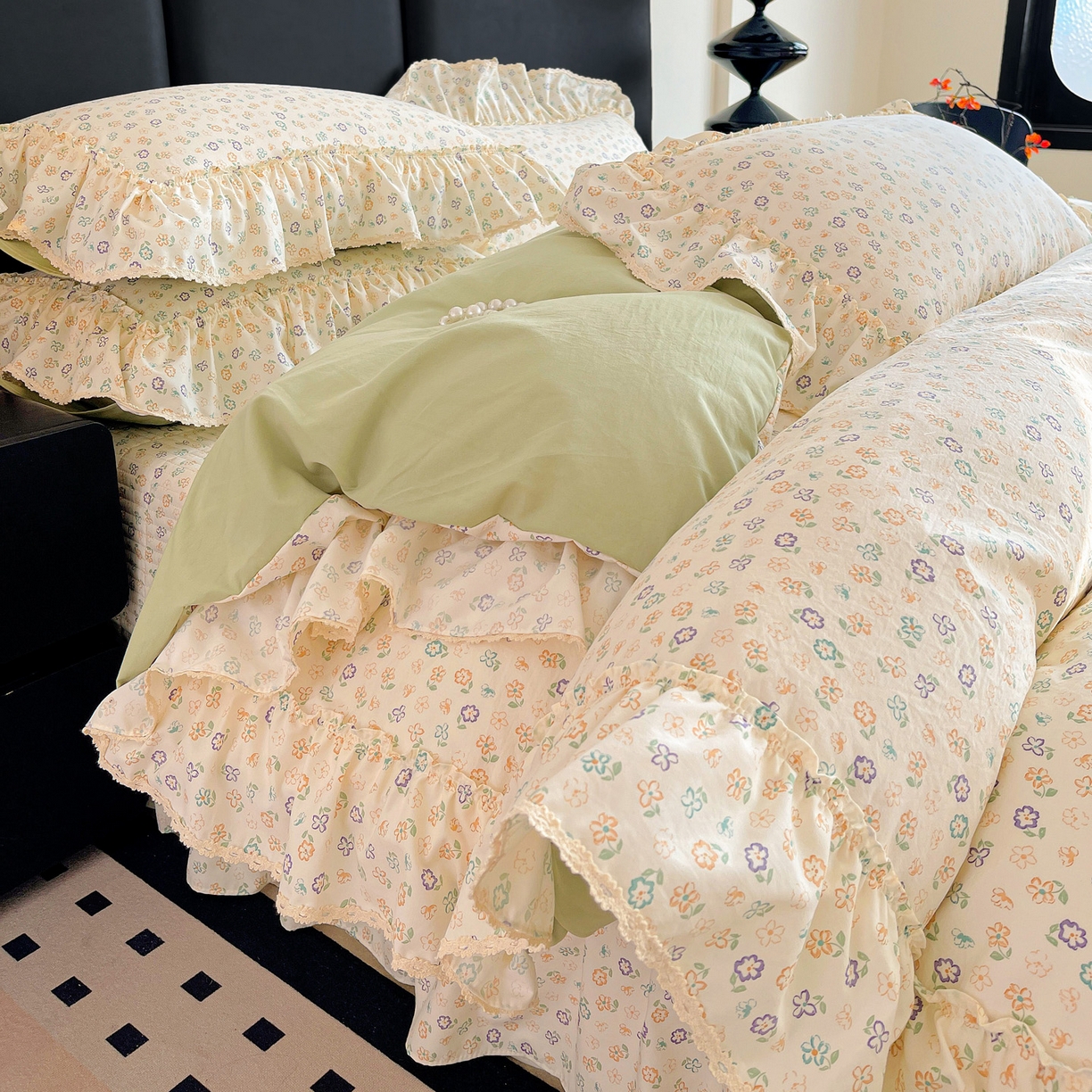 91家纺网 家纺一手货源 找家纺 富米莱单品馆 2026新款法式大花边A类古法仿棉云感纱单被套 大花边-浅绿春韵