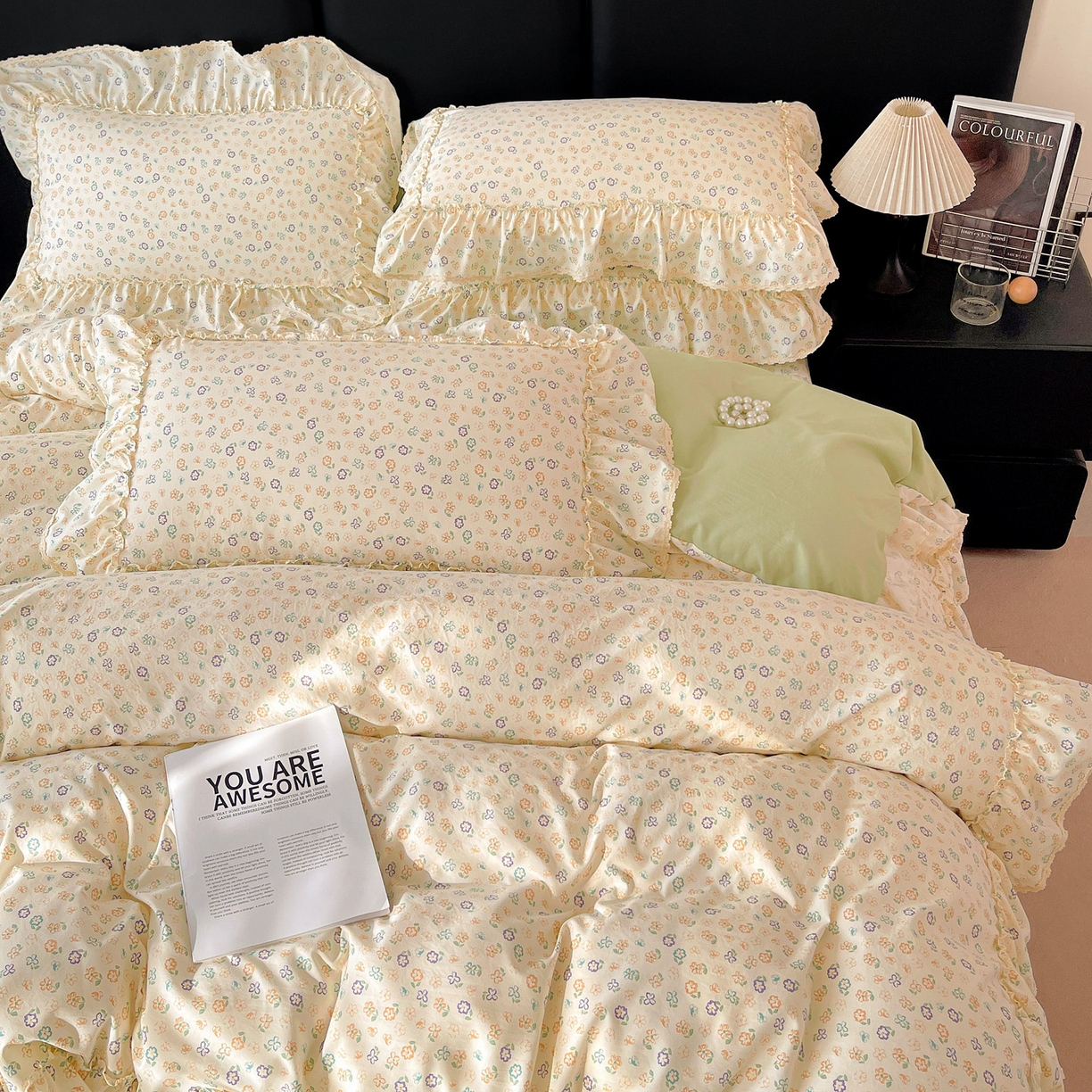 91家纺网 家纺一手货源 找家纺 富米莱单品馆 2026新款法式大花边A类古法仿棉云感纱单被套 大花边-浅绿春韵