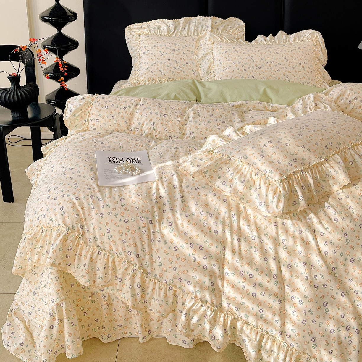 91家纺网 家纺一手货源 找家纺 富米莱单品馆 2026新款法式大花边A类古法仿棉云感纱单被套 大花边-浅绿春韵