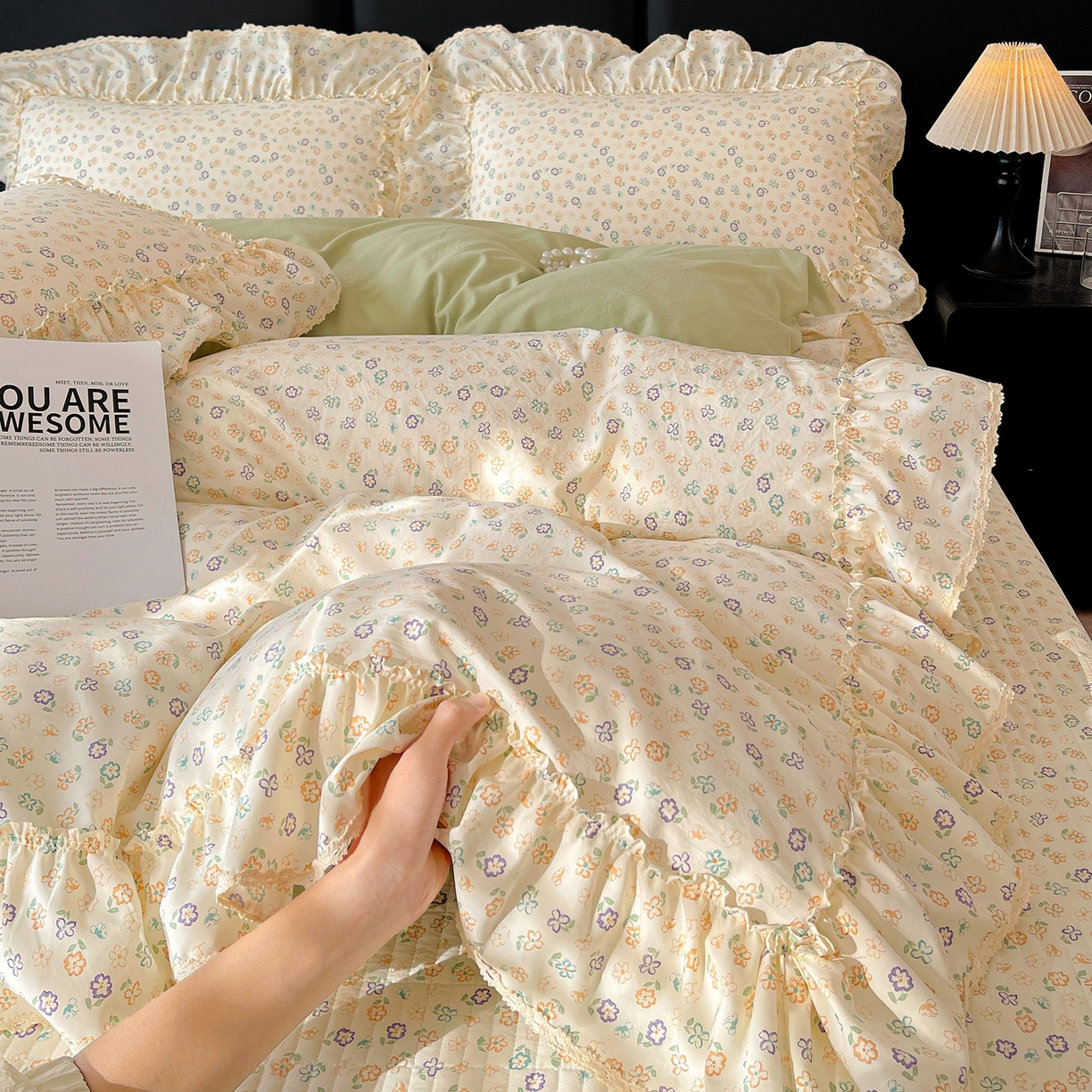 91家纺网 家纺一手货源 找家纺 富米莱单品馆 2026新款法式大花边A类古法仿棉云感纱单被套 大花边-浅绿春韵