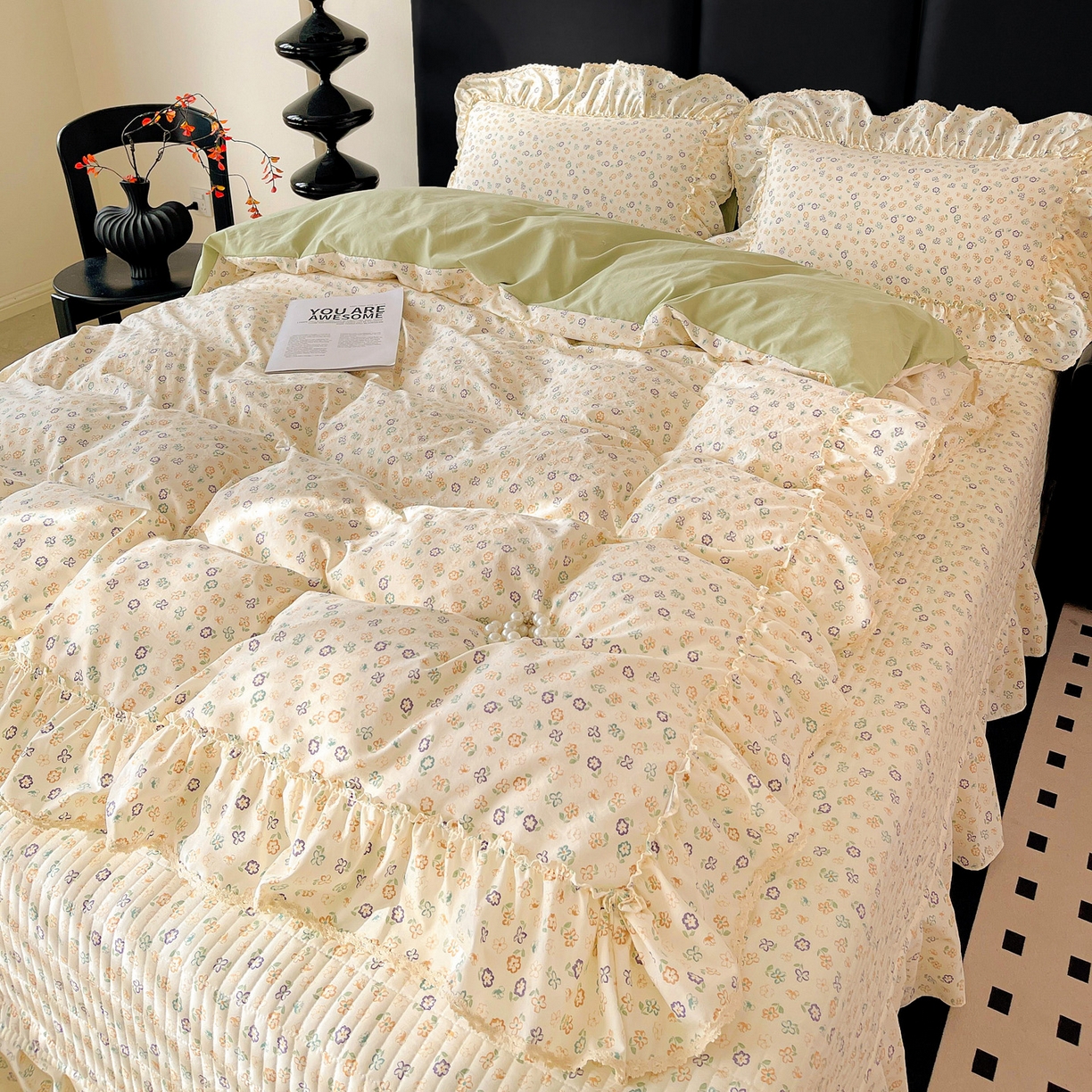 91家纺网 家纺一手货源 找家纺 富米莱单品馆 2026新款法式大花边A类古法仿棉云感纱单被套 大花边-浅绿春韵