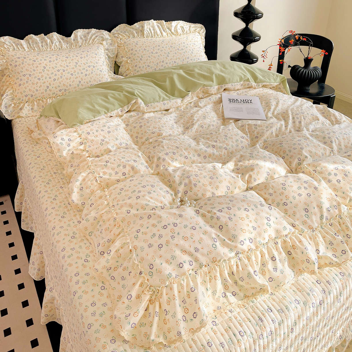 91家纺网 家纺一手货源 找家纺 富米莱单品馆 2026新款法式大花边A类古法仿棉云感纱单被套 大花边-浅绿春韵