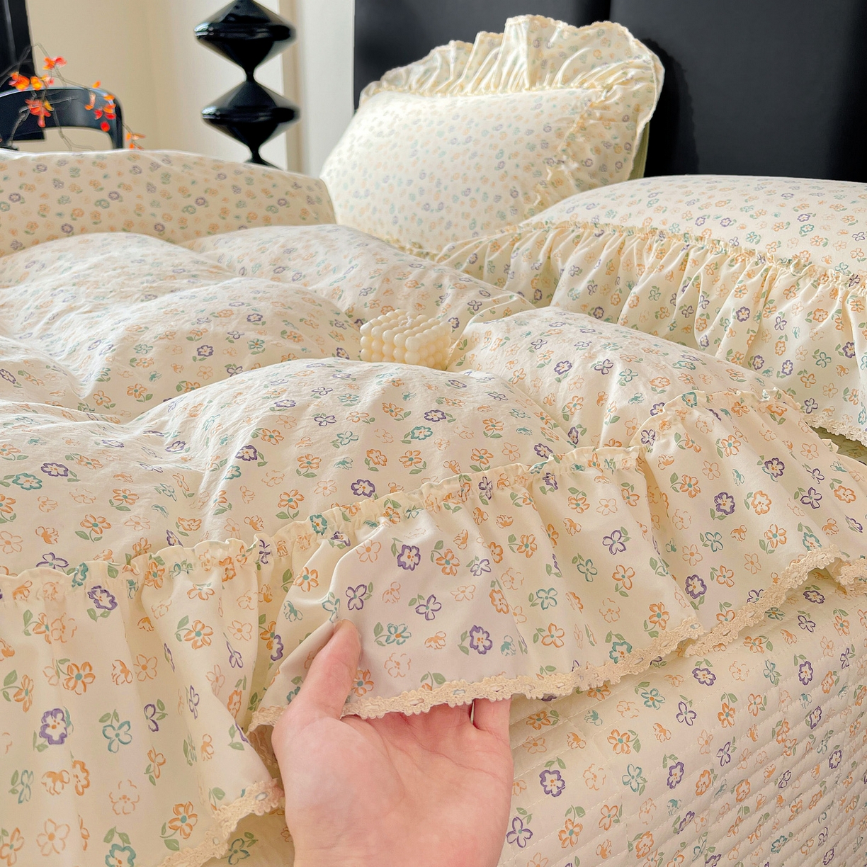 91家纺网 家纺一手货源 找家纺 富米莱单品馆 2026新款法式大花边A类古法仿棉云感纱单被套 大花边-浅绿春韵