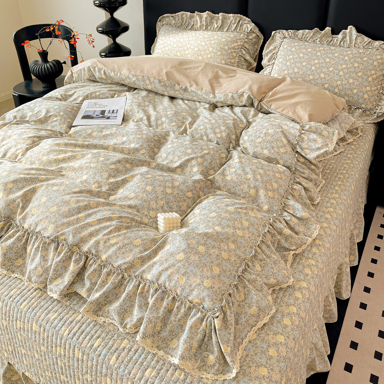 91家纺网 家纺一手货源 找家纺 富米莱单品馆 2026新款法式大花边A类古法仿棉云感纱单被套 大花边-雾灰蔷薇