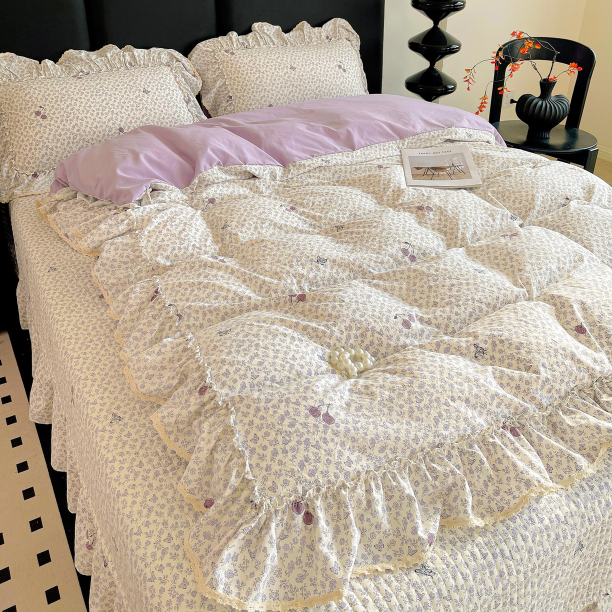 91家纺网 家纺一手货源 找家纺 富米莱单品馆 2026新款法式大花边A类古法仿棉云感纱单被套 大花边-紫韵花漾